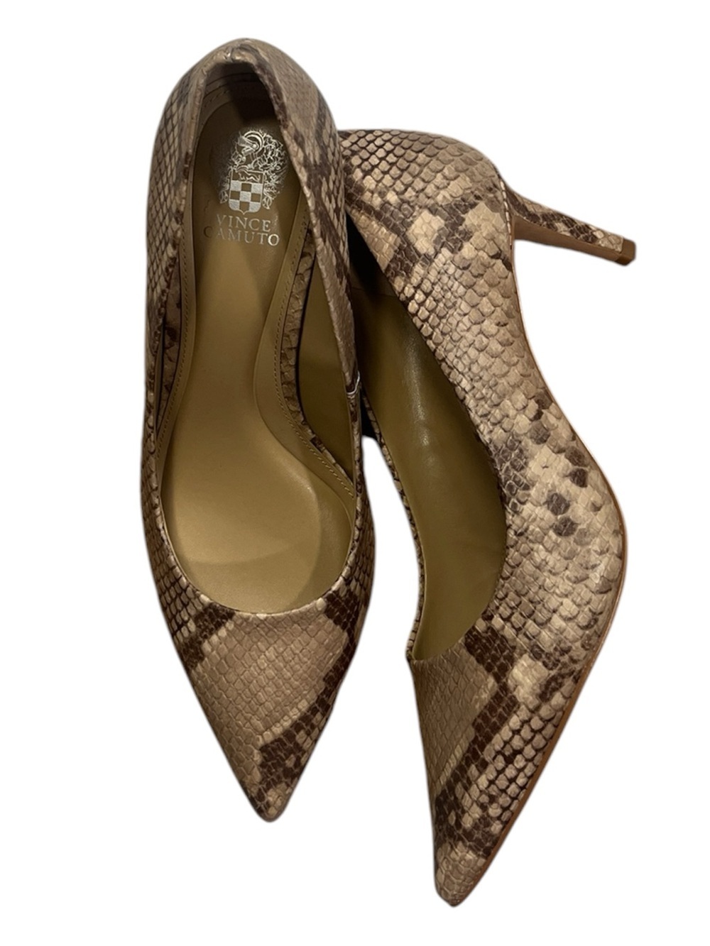 Vince Camuto Tan Snake-Print Pointed Toe Pumps